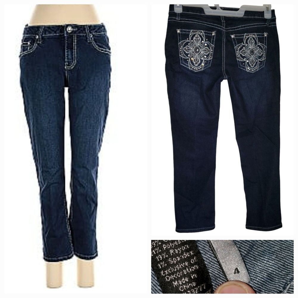 Apt 9 Miss Me Style Cropped Jeans‎ pants Size 4 31x24 Denim Stretchy Rhinestones